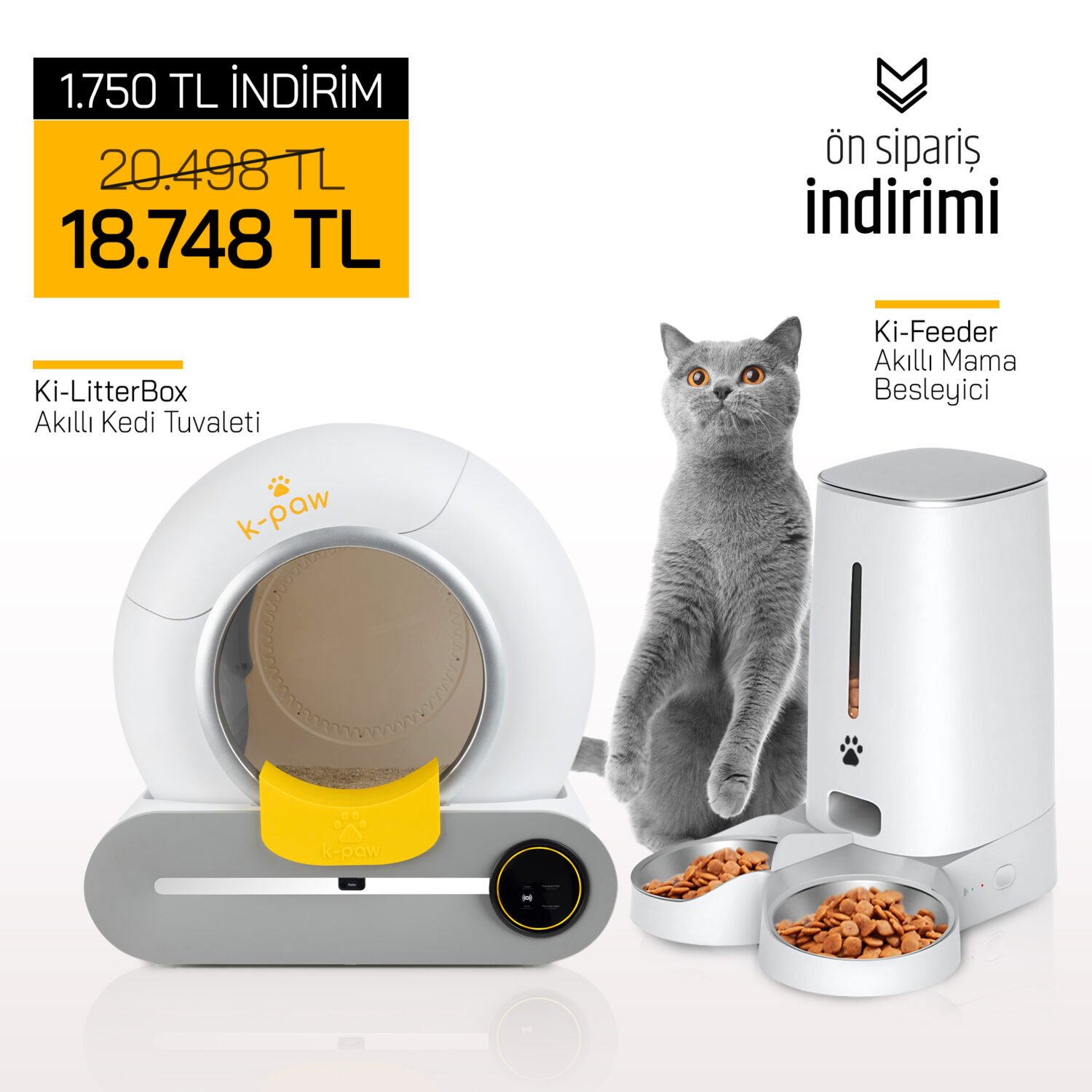 Ki-LitterBox Akıllı Kedi Tuvaleti + Ki-Feeder (Çift Kaseli)