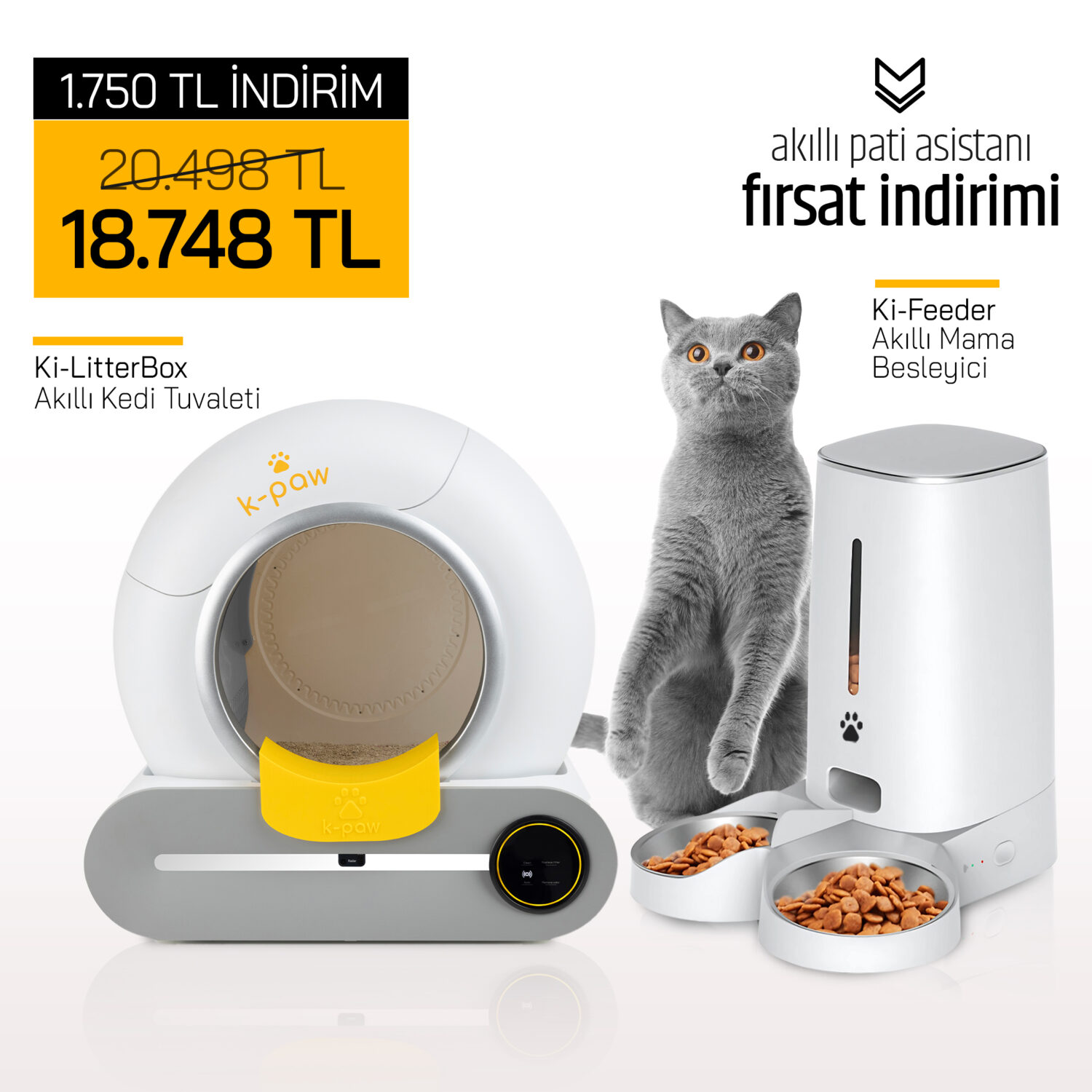 Ki-LitterBox Akıllı Kedi Tuvaleti + Ki-Feeder (Çift Kaseli)