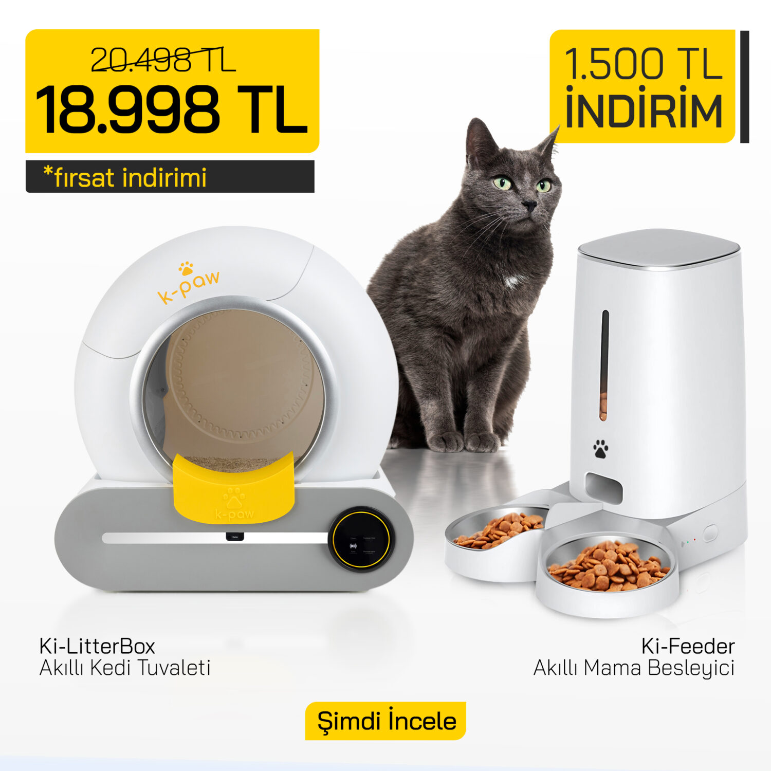 Ki-LitterBox Akıllı Kedi Tuvaleti + Ki-Feeder (Çift Kaseli)